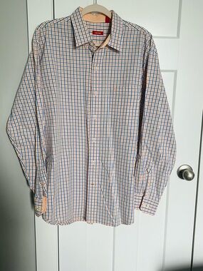 Izod Men's Blue and Orange Plaid Button-Up Dress Shirt